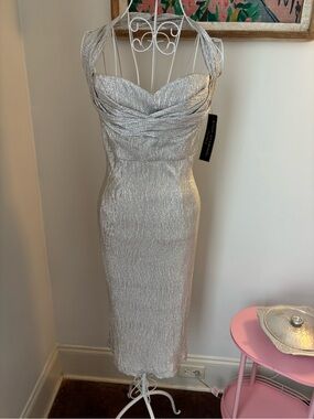 Stop Staring Silver Metallic Midi Dress with Draped Bust